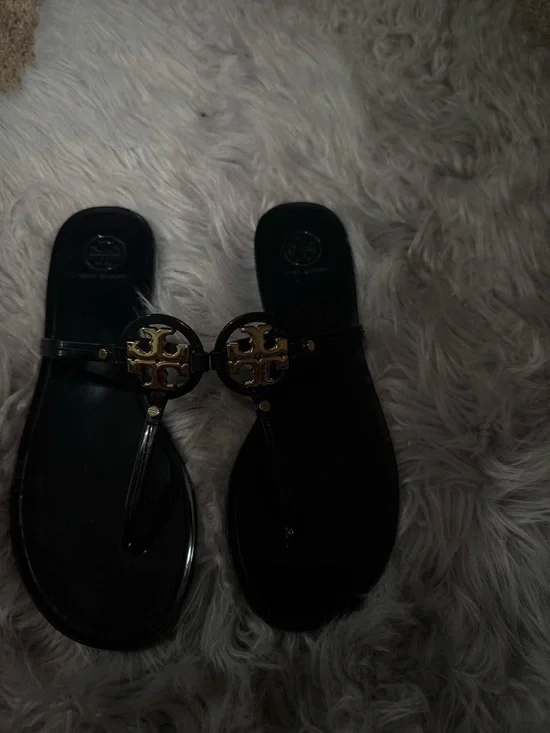 Tory Burch Black Jelly Sandals with Gold Logo Medallions - Picture 2 of 5
